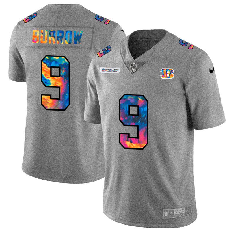 NFL Cincinnati Bengals #9 Joe Burrow Men Nike MultiColor 2020  Crucial Catch  Jersey Grey